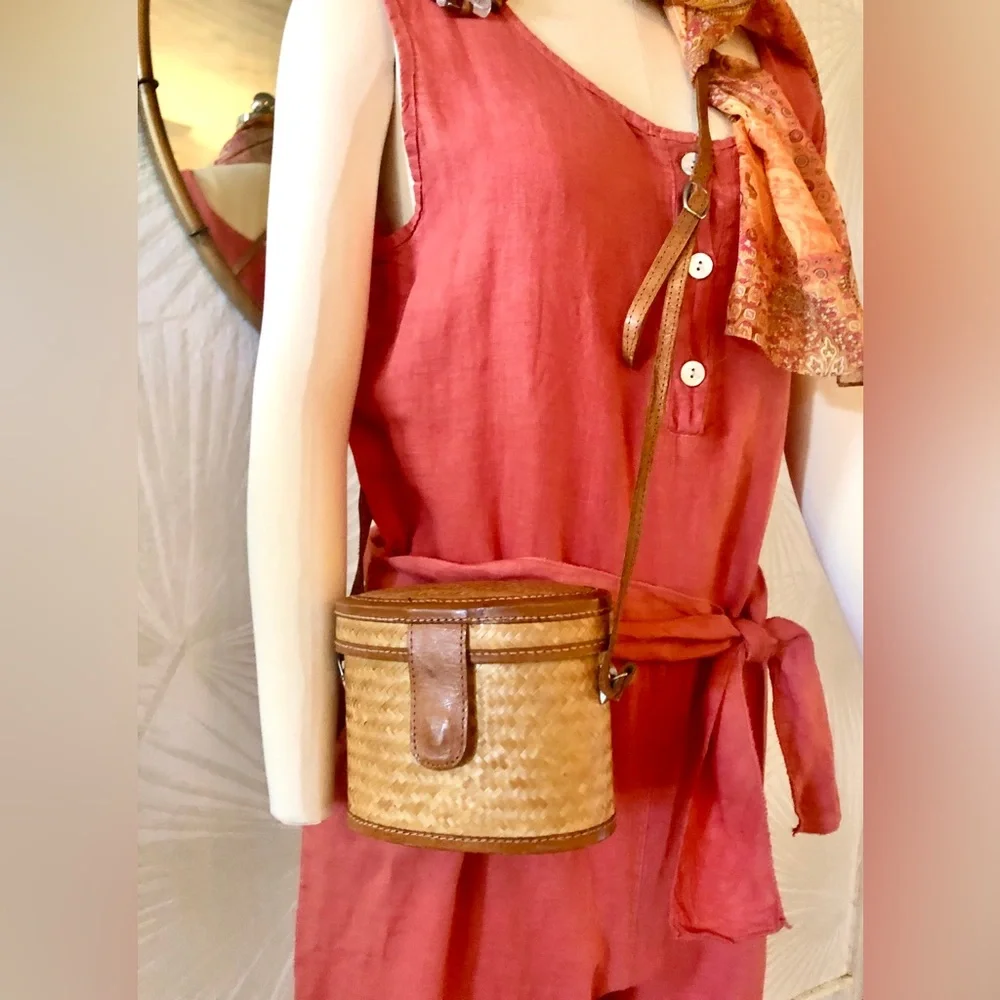 Woven Straw Crossbody Bag with Leather Trim - Natural Brown